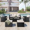 6-piece All-Weather Wicker PE rattan Patio Outdoor Dining Conversation Sectional Set with coffee table, wicker sofas, ottomans, removable cushions - B