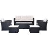 6-piece All-Weather Wicker PE rattan Patio Outdoor Dining Conversation Sectional Set with coffee table, wicker sofas, ottomans, removable cushions - B