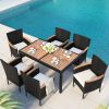 7-Piece Outdoor Patio Dining Set, Garden PE Rattan Wicker Dining Table and Chairs Set, Acacia Wood Tabletop, Stackable Armrest Chairs with Cushions -