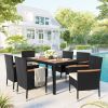 7-Piece Outdoor Patio Dining Set, Garden PE Rattan Wicker Dining Table and Chairs Set, Acacia Wood Tabletop, Stackable Armrest Chairs with Cushions -